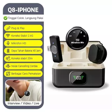 Q8 Wireless Microphone 2.4GHz Magnetik Suction Lavalier Mikrofon Peredam Bising Daya Tahan