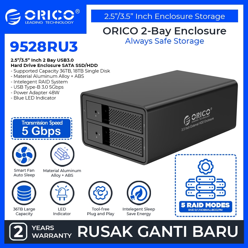 Jual ORICO 9528RU3 BK, 2 bay 3.5'' HDD RAID enlcosure, USB3.0 HDD