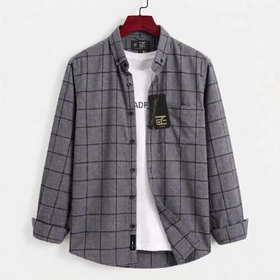 Kemeja Flanel Pria Lengan Panjang Kualitas Premium Motif Garis Abu