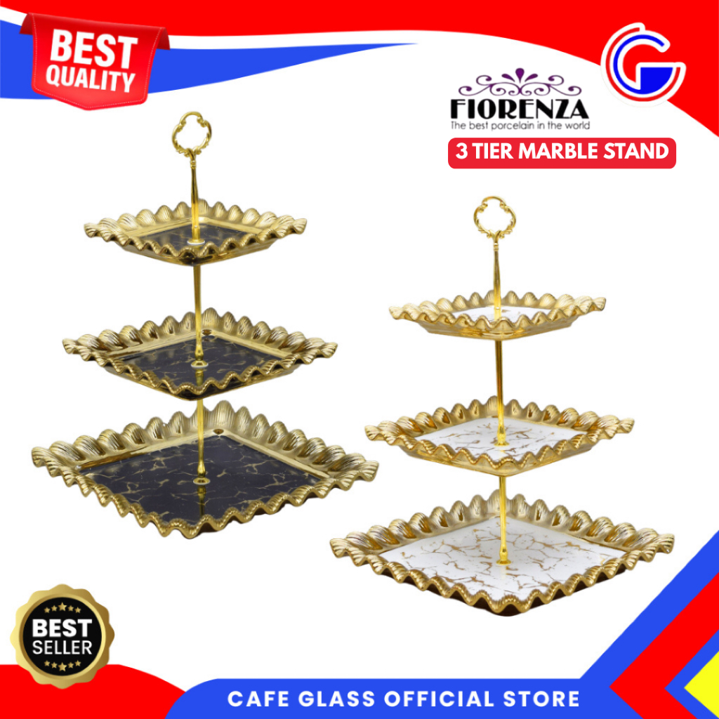 Fiorenza Tempat Kue Rak Display - Prasmanan Set Keramik Marble Susun 3 - Cake Stand Marmer White Black Gold