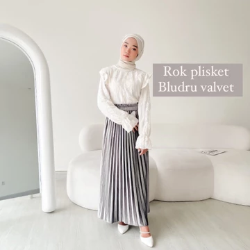 Rok Plisket Bludru Premium Velvet Wanita Mewah Elegan Anti Kusut Pinggang Elastis Nyaman Jatuh