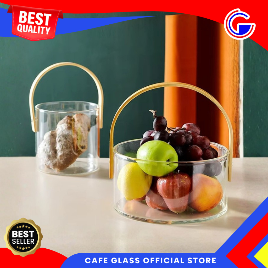 Ice Bucket Kaca Handle Kayu - Ember Mini Kaca Serbaguna - Wadah Kaca Tebal Tempat Es Batu (peti)