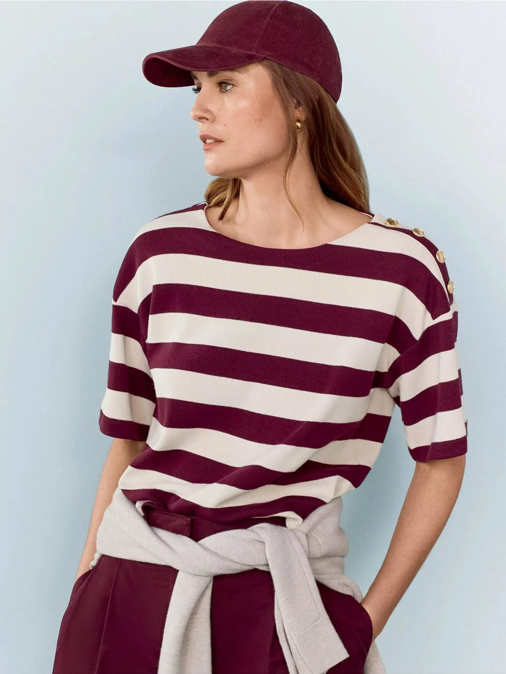 Blus Lengan Pendek Bahan Rib Tebal AT Weekend Striped Blouse - 2312