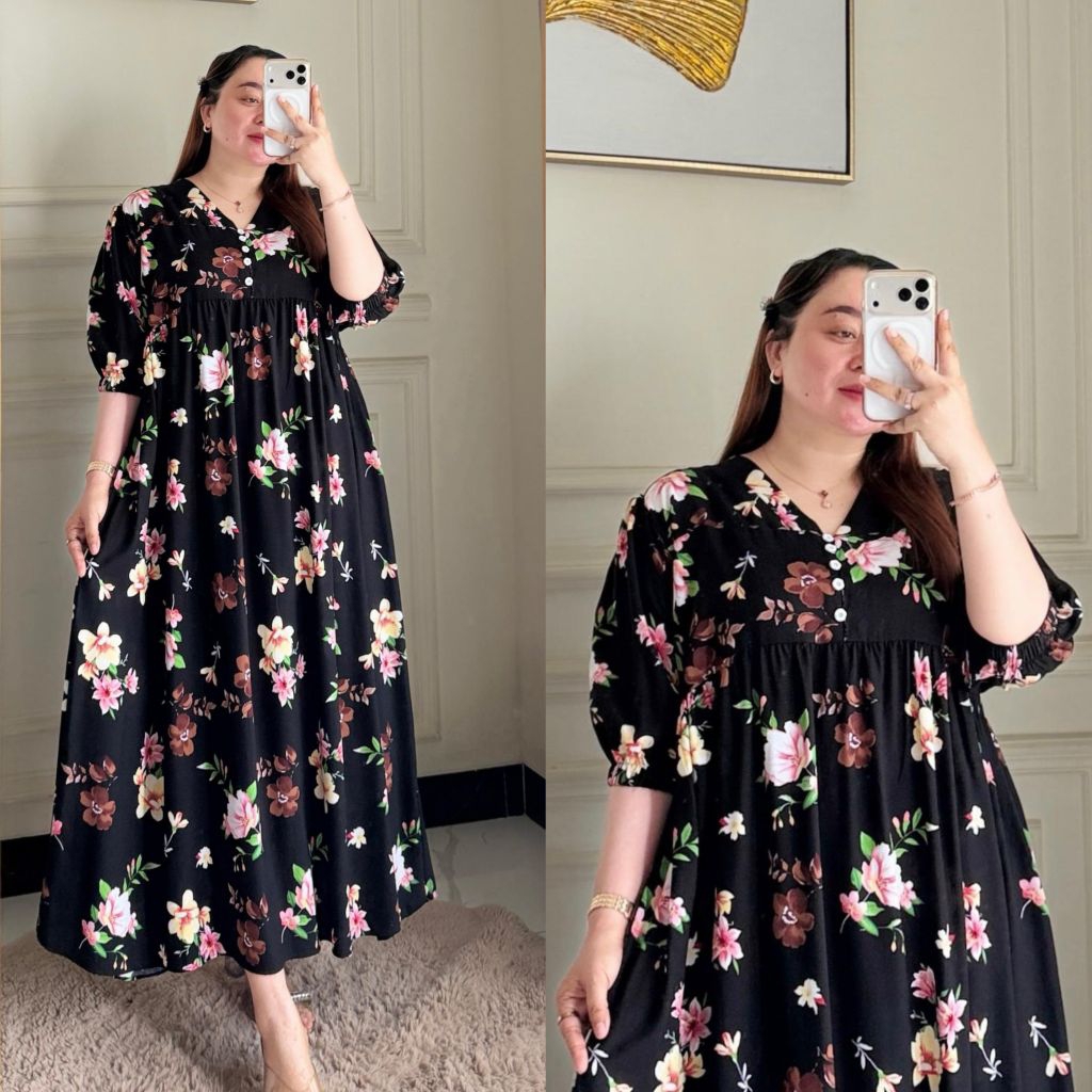 midi dress kancing tangan 3 MIDI DRESS BATIK LENGAN 3/4 DEPAN FULL KANCING WARNA KHUSUS HITAM BAHAN  KATUN STRETCH HALUS LEMBUT ADEM LD 100-105 PANJANG 105 FIT L XL DRESS BATIK  BUSUI BUMIL FRIENDLY