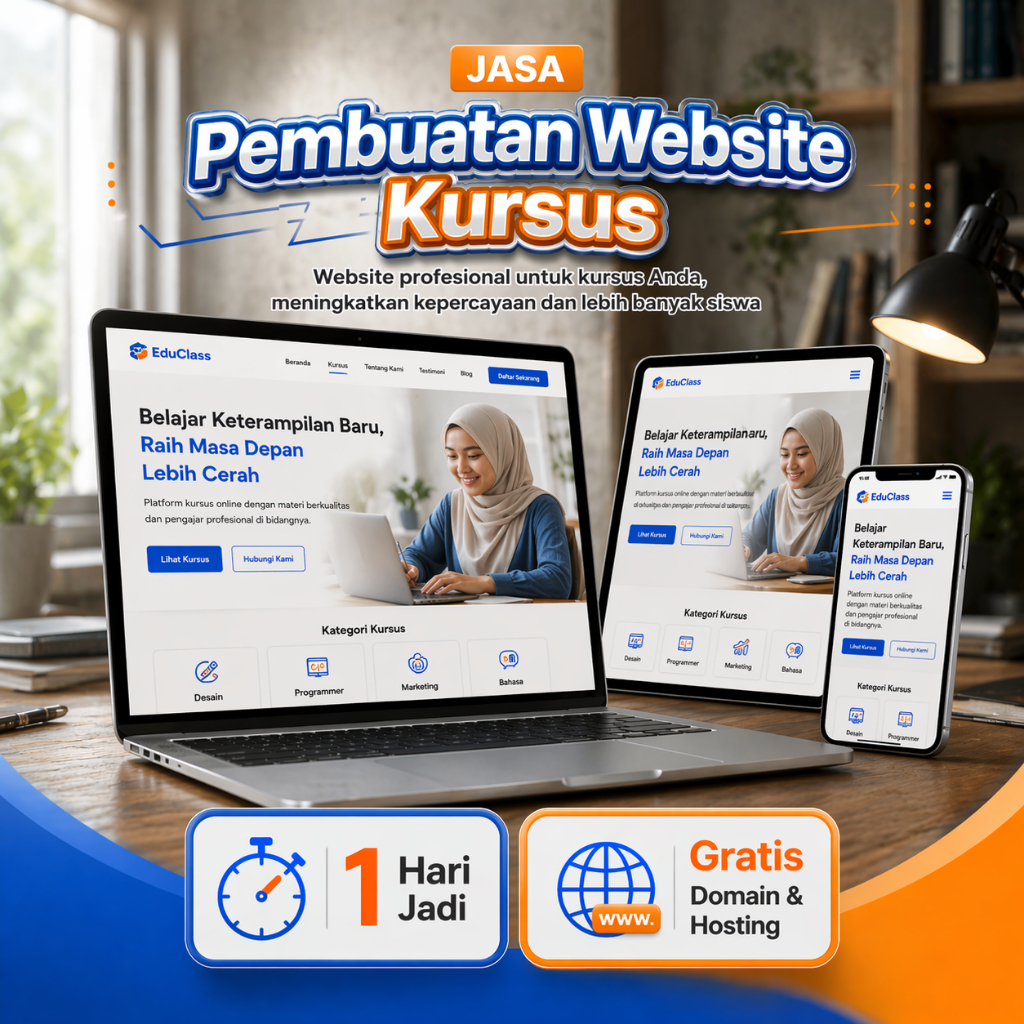 Website Kursus Online - Domain Hosting 1 Tahun - Optimasi Google Dasar - Web Bimbel - Web Kelas Digital - Jasa Buat Web Pelatihan - Jasa Pembuatan Website Edukasi - Website Lembaga Kursus