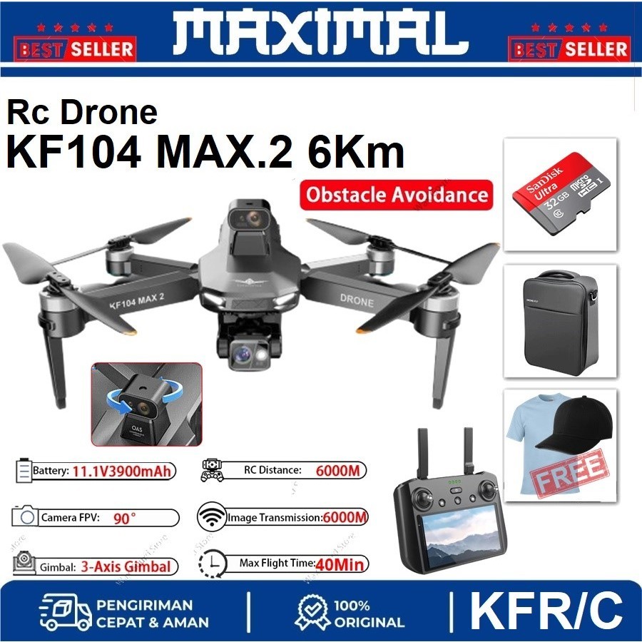 KF PLAN Drone KF104Max2 – Caméra 4K Réelle – Cardan 3 Axes – Écran Tactile 5.5″ – Portée 6 Km – 2 Batteries – 90 Min De Vol – Évitement Obstacles 360°