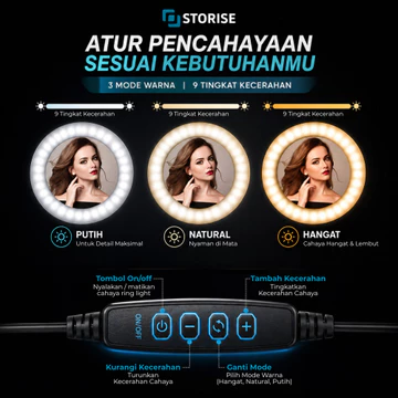 STORISE Paket Komplit Ring Light 26cm Tripod 1 Meter Stand Hp Make Up Vlog Lampu Ringlight