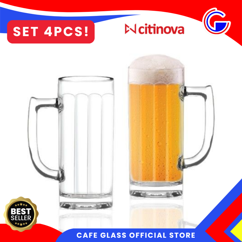 Gelas Bir Kaca Citinova Hannover 575ml Set 4pcs | Mug Beer Kaca Tebal Handle Besar | Gelas Minum Cafe Premium