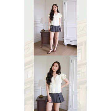 MADDIE TOP Atasan Blouse Lace Korean Vintage Look Vneck Short Sleeve Lengan Balon Baju Mewah