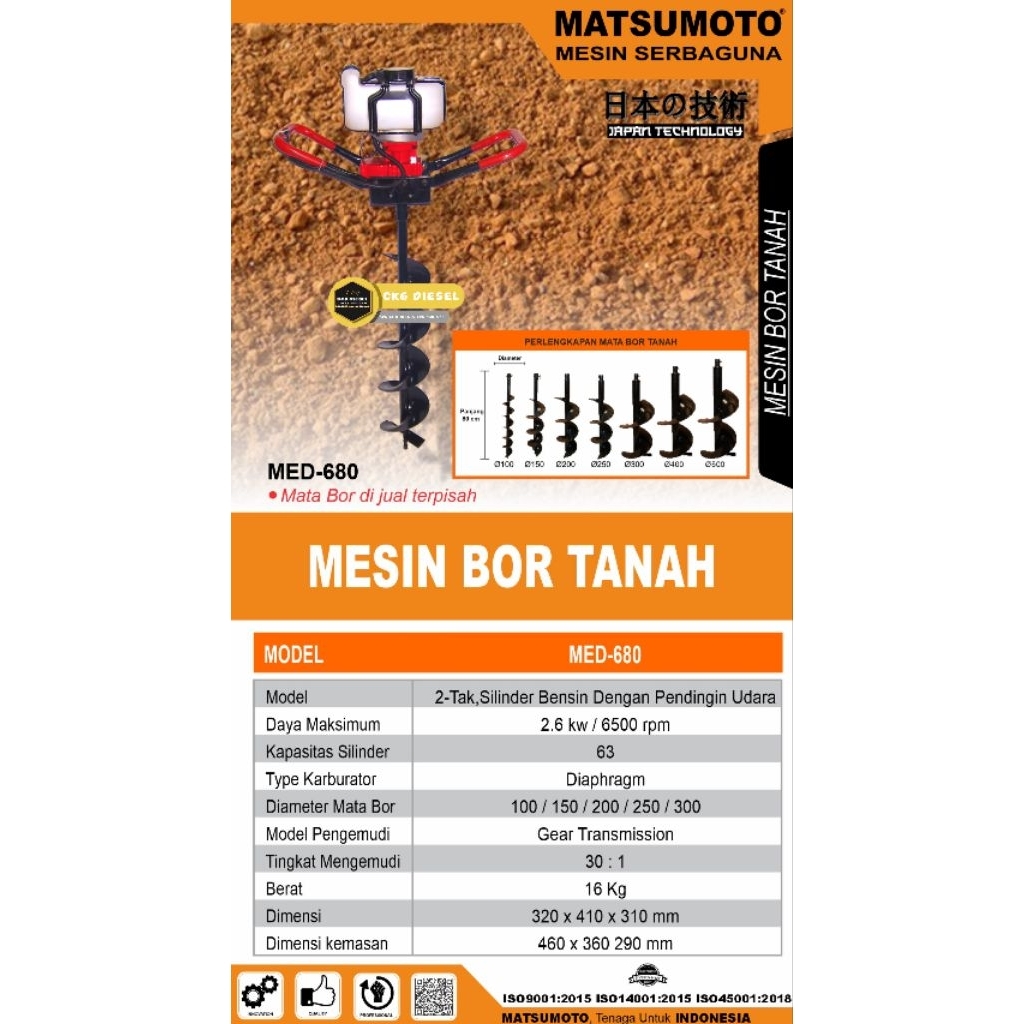 Jual Mesin Bor tanah Eart Auger MED 680 / 680 Cc + Drill 100 mm ...