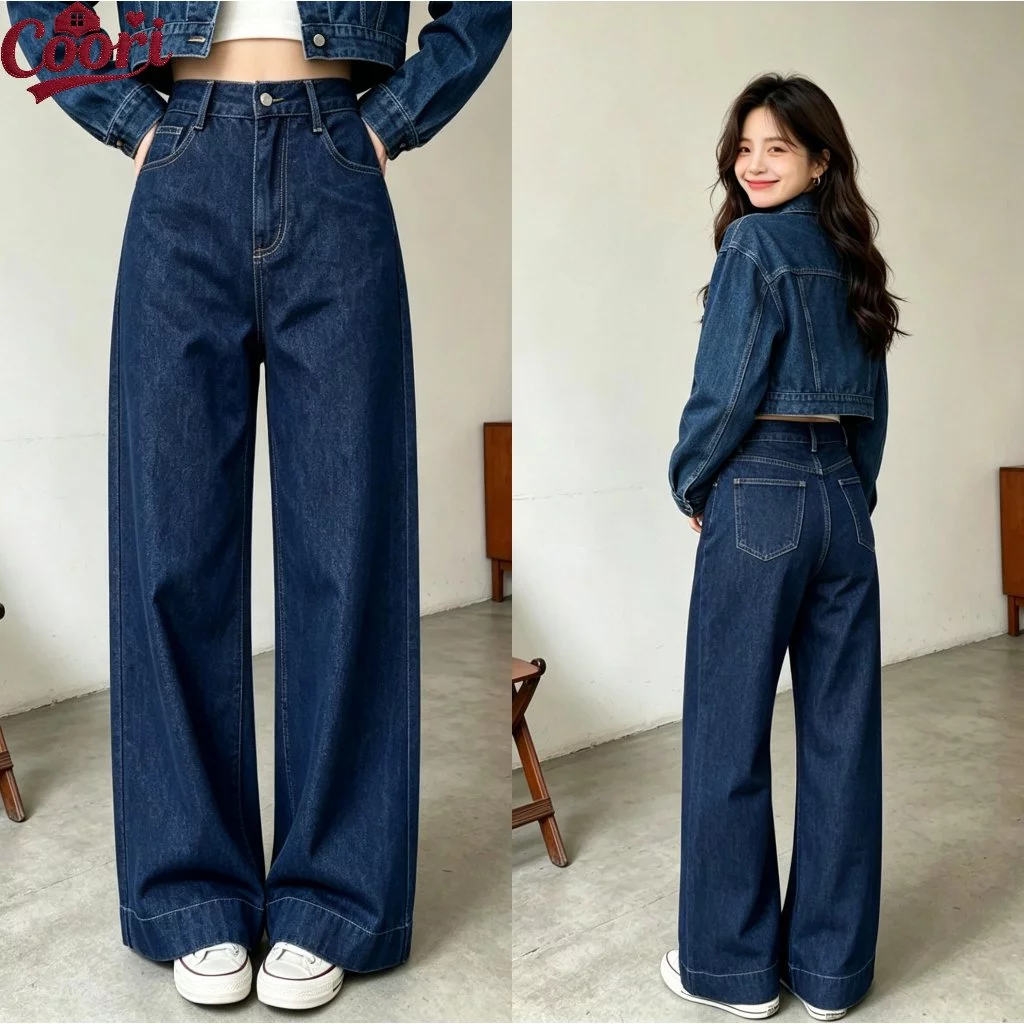 Coori Celana Jeans Wanita Baggy Oversize Loose Highwaist Wide Leg Korean Look Biru Tua Retro TY180 - foto 1