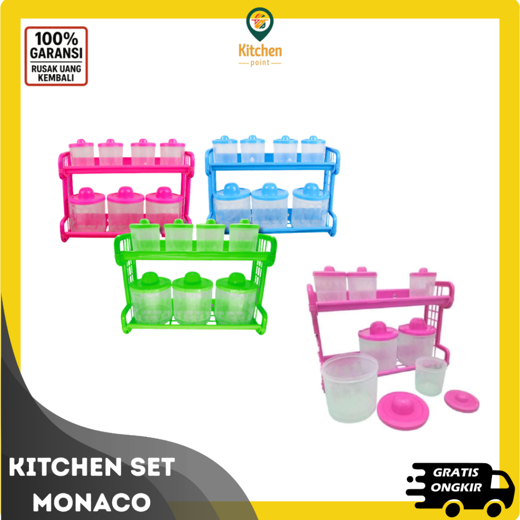 Rak Tempat Bumbu Kitchen Set Monaco 7 Tabung Transparant, Praktis & Mudah Dibersihkan - KP