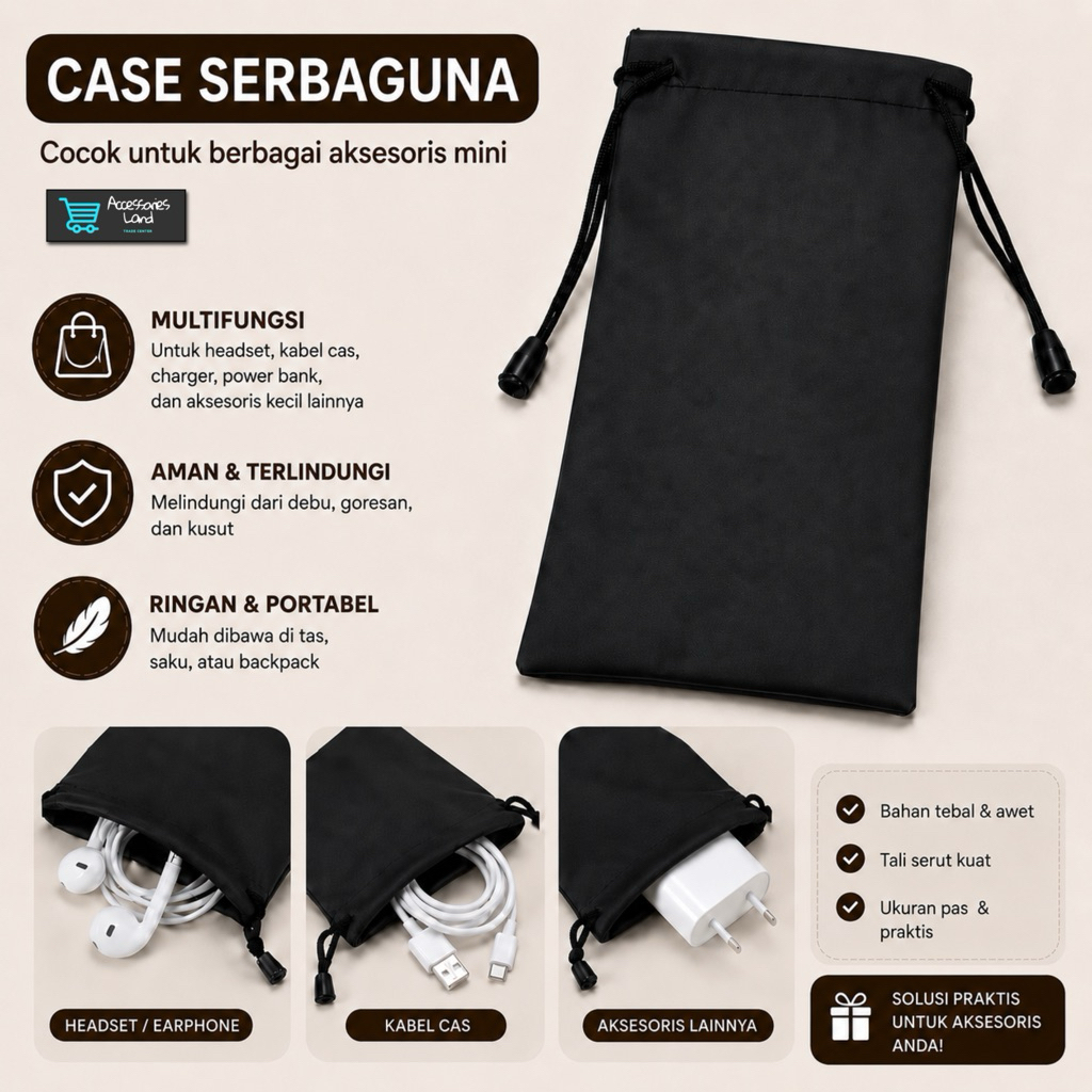 Case Headset/Powerbank / Handsfree / Pouch Charger / Kabel Persegi PANJANG