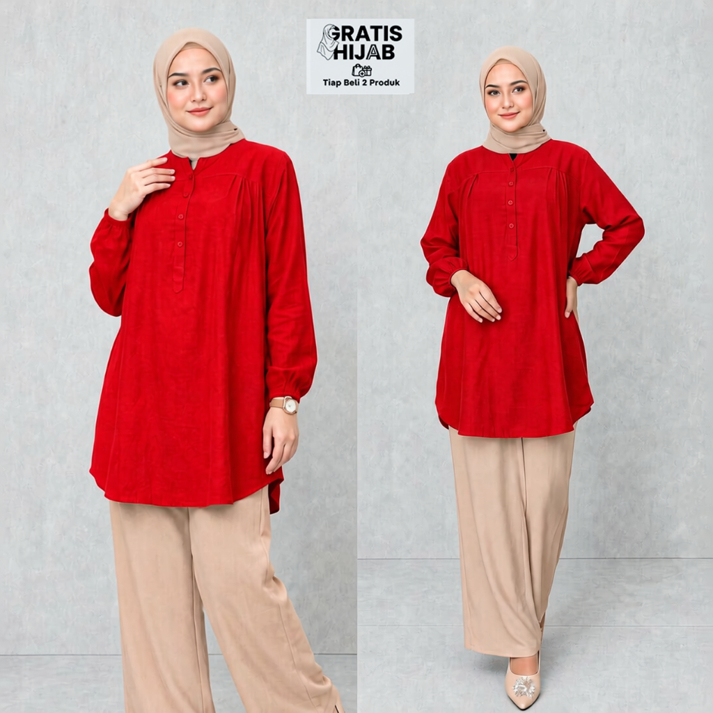 Rekomendasi Atasan Blouse Muslimah Jumbo Bahan Rayon Viscose Premium Warna Merah yang Elegan dan Adem