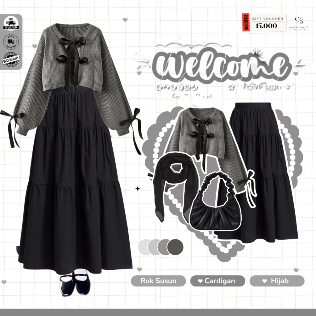 Jual One set Wanita Kekinian | Cardigan Coquette Rajut Abu, Rok Ruffle ...