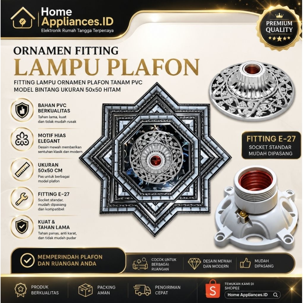 Jual Fitting Lampu Plafon Ornamen PVC 50x50 Model Bintang E27 Tanam ...