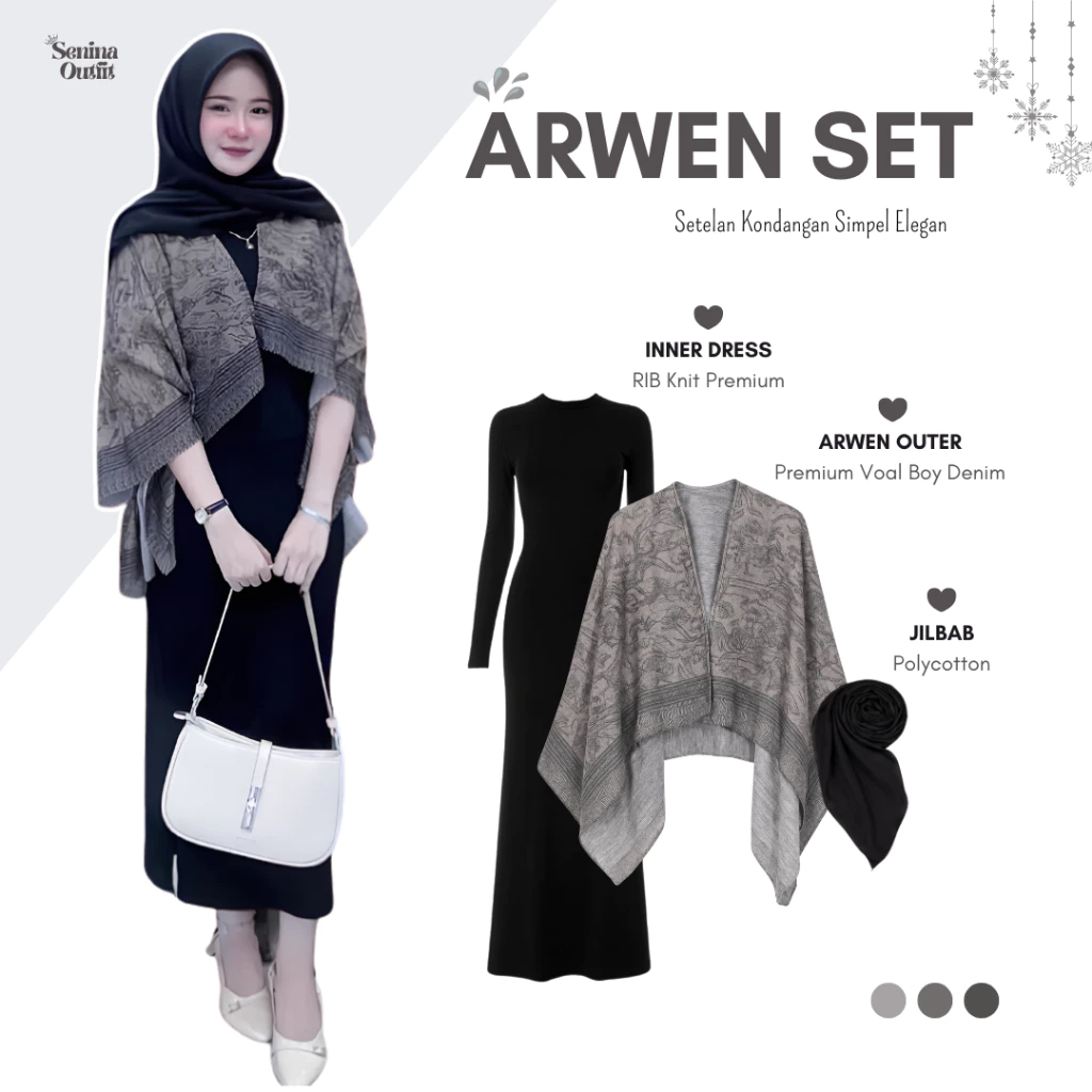 Setelan Kondangan Simple Elegan | Arwen Outer - Inner Dress - Jilbab | One Set Outfit Berhijab - SO122