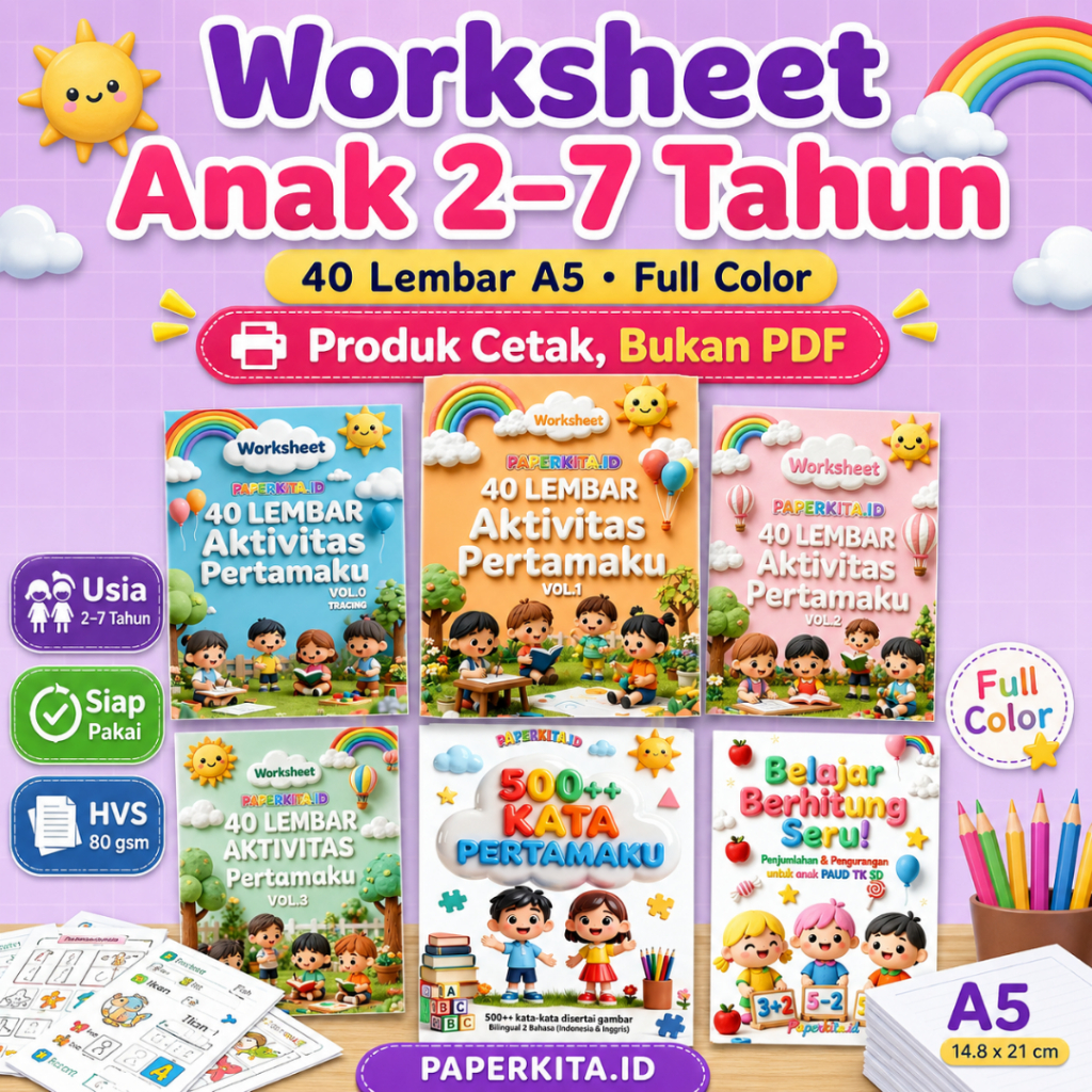Jual Worksheet Anak 2-7 Tahun 40 Lembar A5 Full Color Aktivitas Edukasi ...