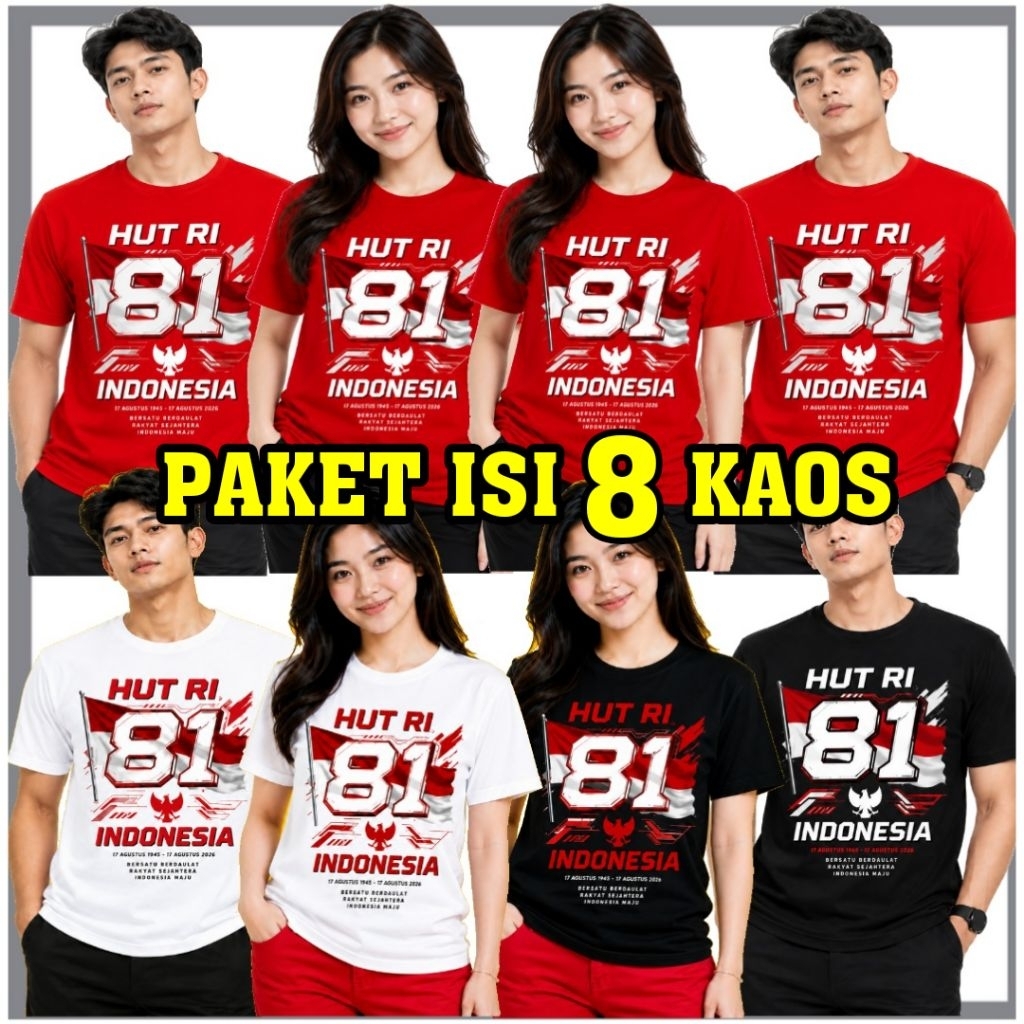 Kaos Agustusan 100rb 8 pcs Kaos Kemerdekaan 17 Agustus Dirgahayu 81 TH 1945 Terbaru