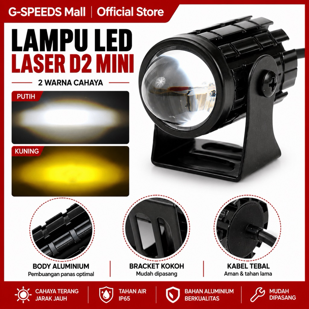 TERMURAH LAMPU TEMBAK MINI LASER GUN 2 WARNA HIGH LOW PUTIH - KUNING UNIVERSAL BISA SEMUA MOTOR