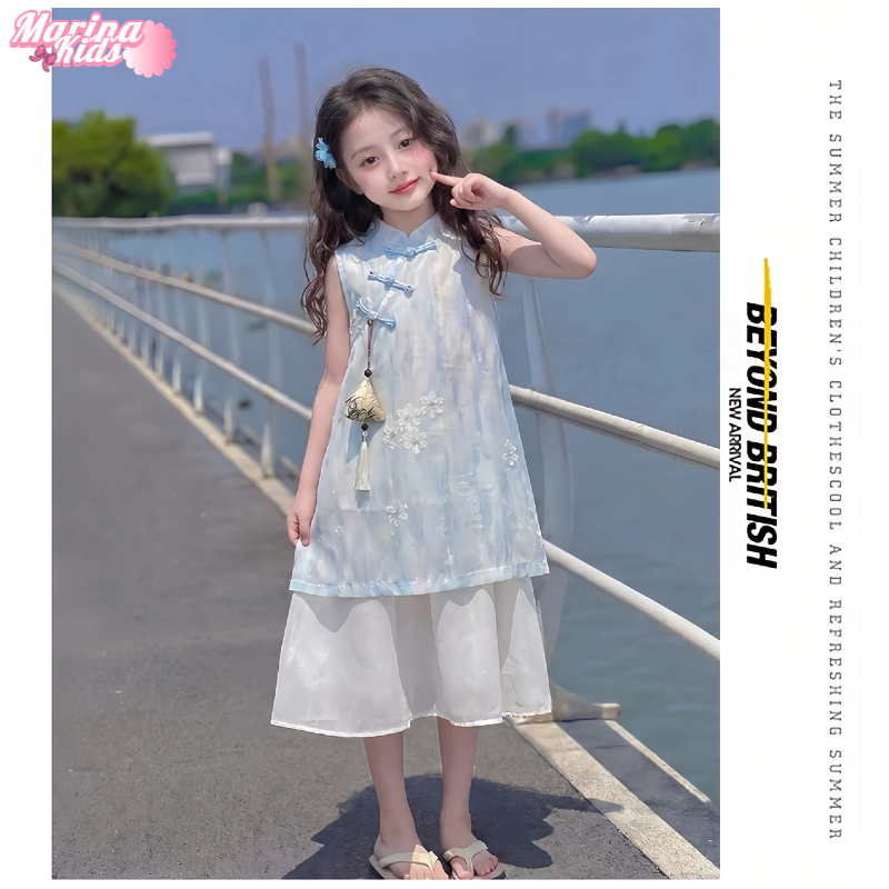 Marina Dress Anak Perempuan Qipao Lengan Tanpa Gradien Biru foto 3