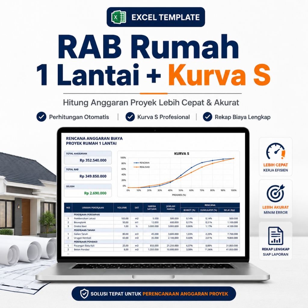 Template Excel RAB Rumah 1 Lantai + Kurva S – Hitung Anggaran Proyek Otomatis | Rekap Biaya & Progress Proyek Akurat