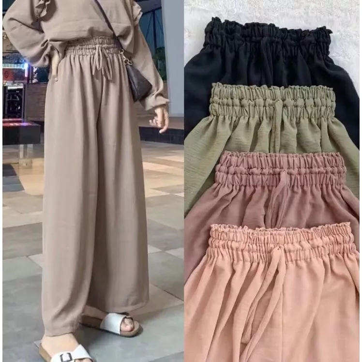 Celana Kulot Crinkle Premium Bahan Adem Kulot Wanita Highwaist Tali Pinggang