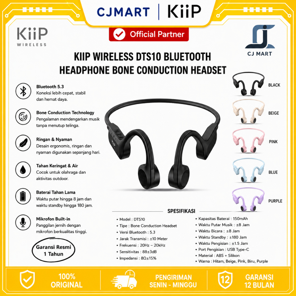Jual KIIP WIRELESS DTS10 BLUETOOTH HEADPHONE BONE CONDUCTION HEADSET ...