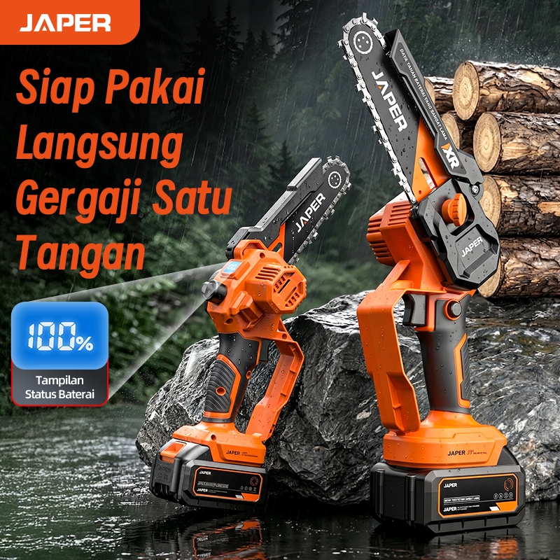 JAPER Gergaji Rantai Elektrik Mini Portable Cordless Listrik Lithium Pemotong Kayu Motor Tembaga Asli