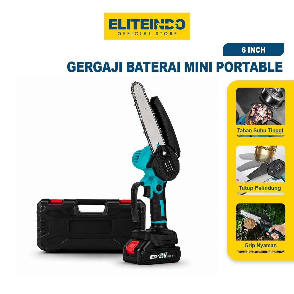 ELITEINDO Gergaji Listrik Mini Tanpa Kabel Portable 6" Chainsaw Mesin Pemotong Kayu Baterai - G10E1