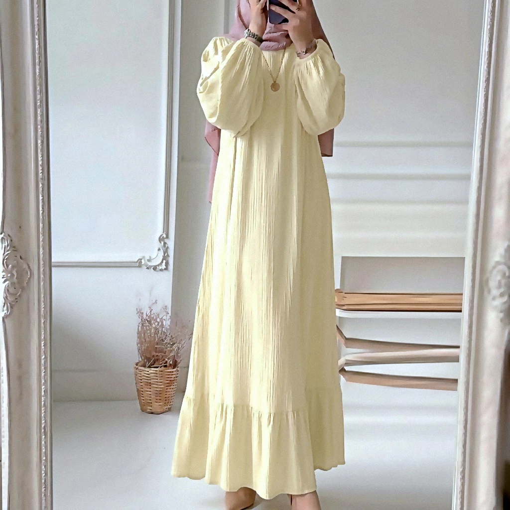Gamis Crinkle Airflow Butter Yellow Premium Wanita Muslim Casual Elegan Kekinian