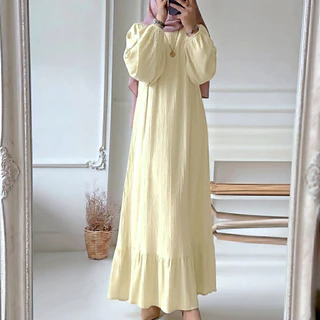Gamis Crinkle Airflow Butter Yellow Premium Wanita Muslim Casual Elegan Kekinian
