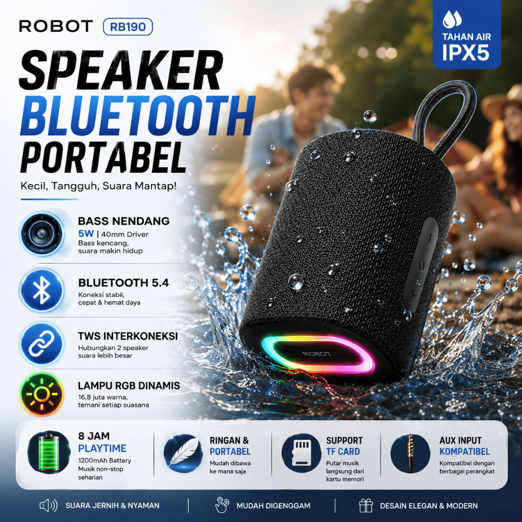 Jual ROBOT RB190 Speaker Bluetooth 5.4 Portable Powerful Bass 5W Tahan ...