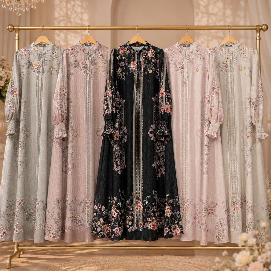 Gamis Cantik Motif Terbaru Bahan Sabrina Marina & Silk Print Lembut Adem Jatuh Dress Muslim Model Mewah dan Elegan Cocok Untuk Lebaran 2026 up