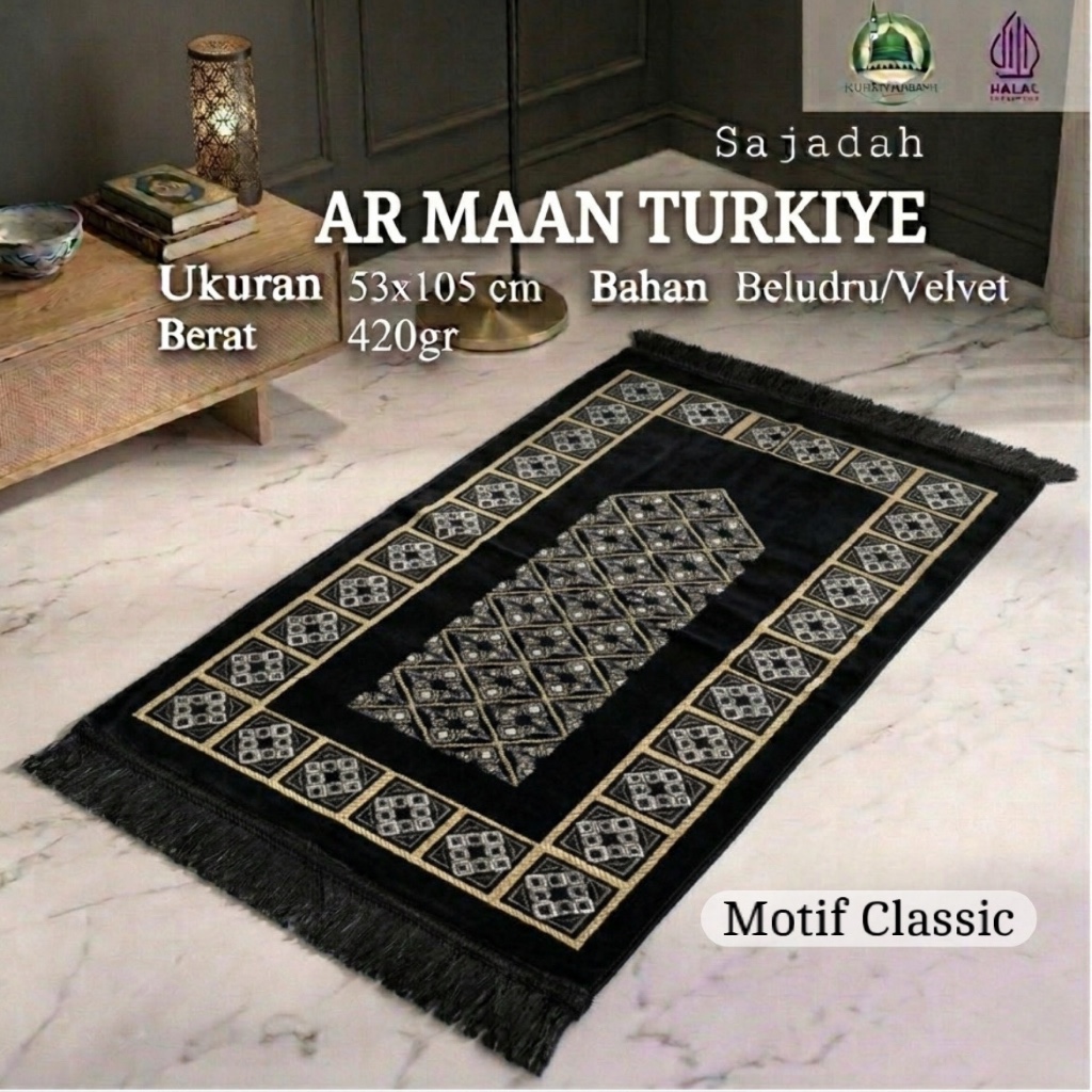 ARMAAN TURKIYE BLACK SERIES 53x105 cm| Sajadah Beludru Halus Tebal Empuk Premium elegan kado Couple