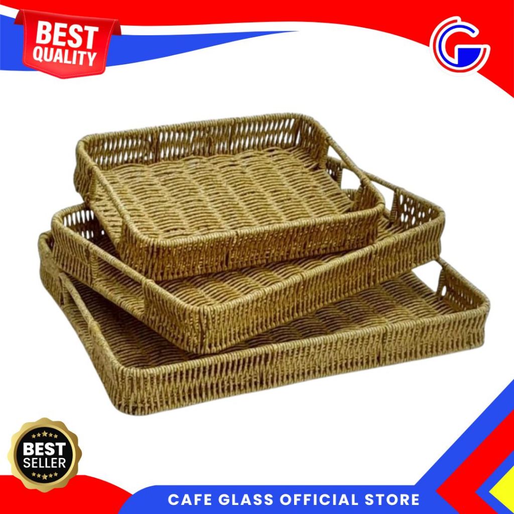 Nampan Set Sulur Persegi - Nampan Rotan Set 3 Pcs - Nampan Sulur Serbaguna