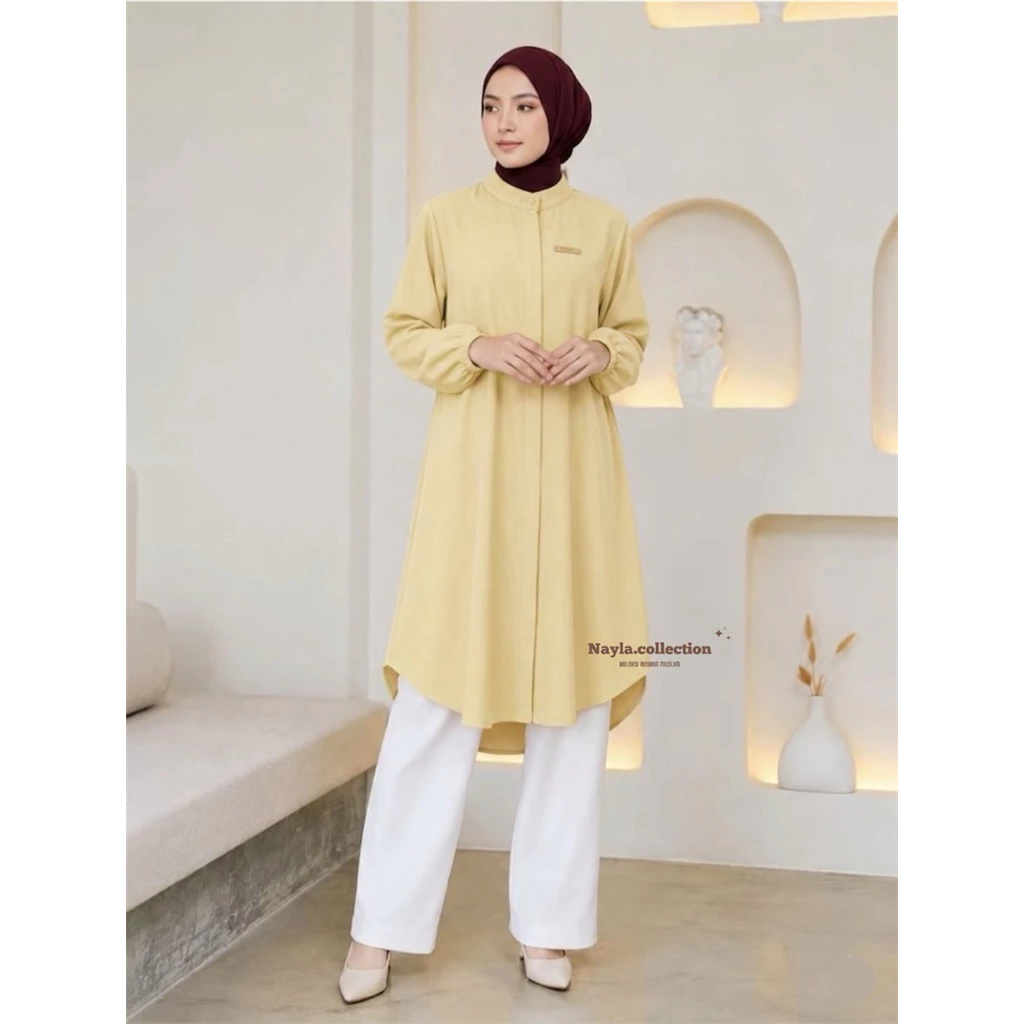 Atasan Long Tunik Rayon Twill Polos Full Kancing