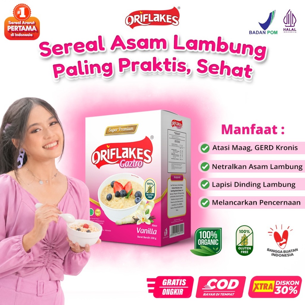 Oriflakes Sereal Umbi Garut - Paket 1 Box @150g Sachet - BPOM Halal - Bantu Atasi Asam Lambung GERD