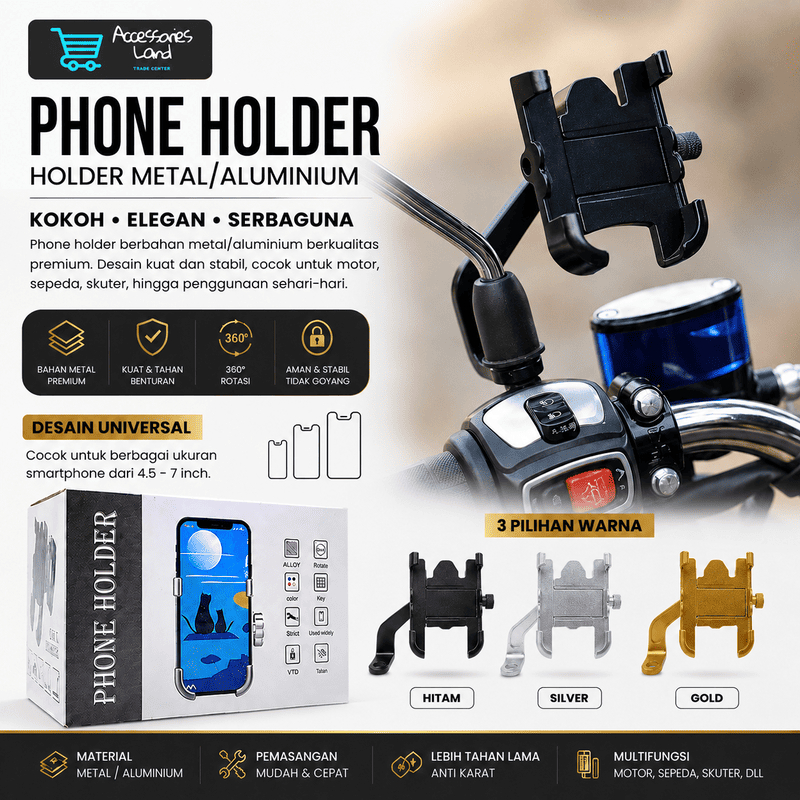 Holder HP Full Besi  Untuk Stang Motor/ Phone Holder Dudukan Tempat Penyangga Stand Handphone Stang di Motor