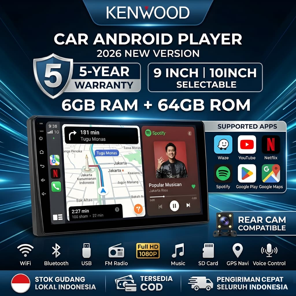 Head Unit Mobil Android KENWOOD 6GB + 64GB Pilihan Layar 9 Inch 10 Inch Garansi Toko 5 Tahun