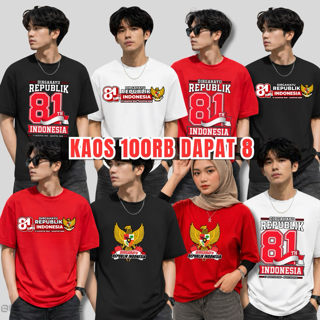 PAKET 8 KAOS KEMERDEKAAN HUT RI 2026 | Kaos Merah Hitam Putih l Kaos Agustusan Pria Wanita | Seragam Karnaval Panitia RT RW | Sablon DTF Awet | Bahan Semi Katun Adem