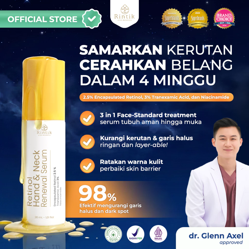 Pratinjau Rintik Retinol Hand & Neck Serum Cerahkan Kurangi Kerutan di Tangan Leher Kulit Kencang Glowing