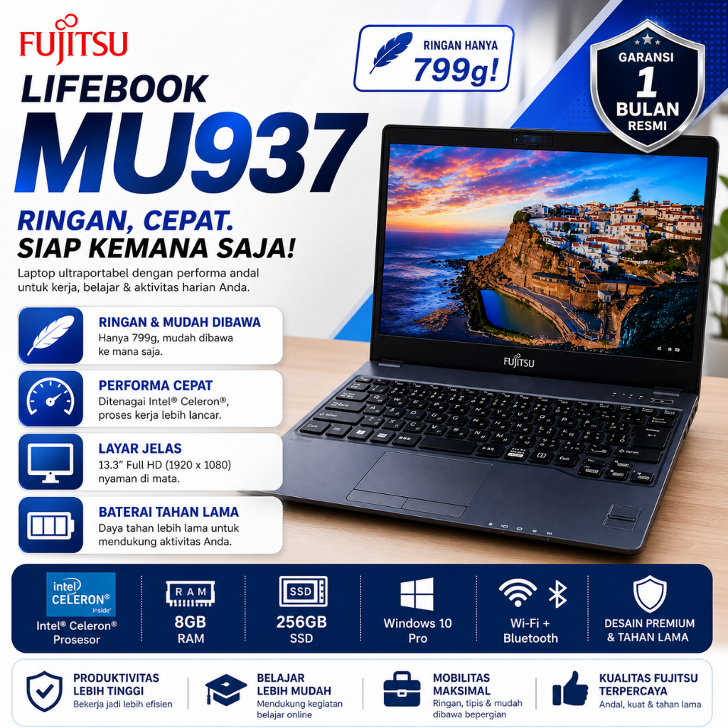 Jual Laptop Fujitsu Futro MU937 Gen 7 intel celeron 3865U Ram 4/8G