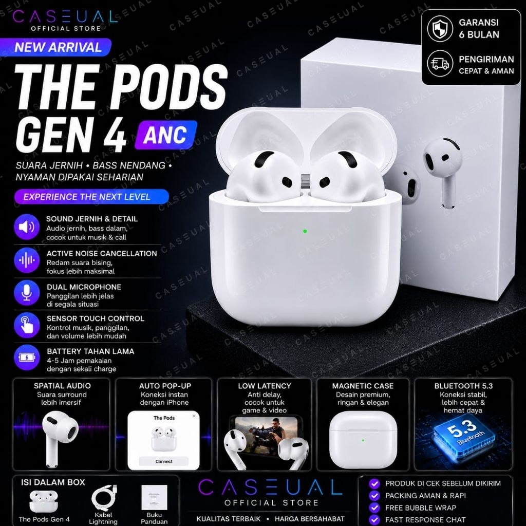 Jual Pods Gen 4 ANC Terbaru 2025 With Wireless Charging Case Bergaransi ...