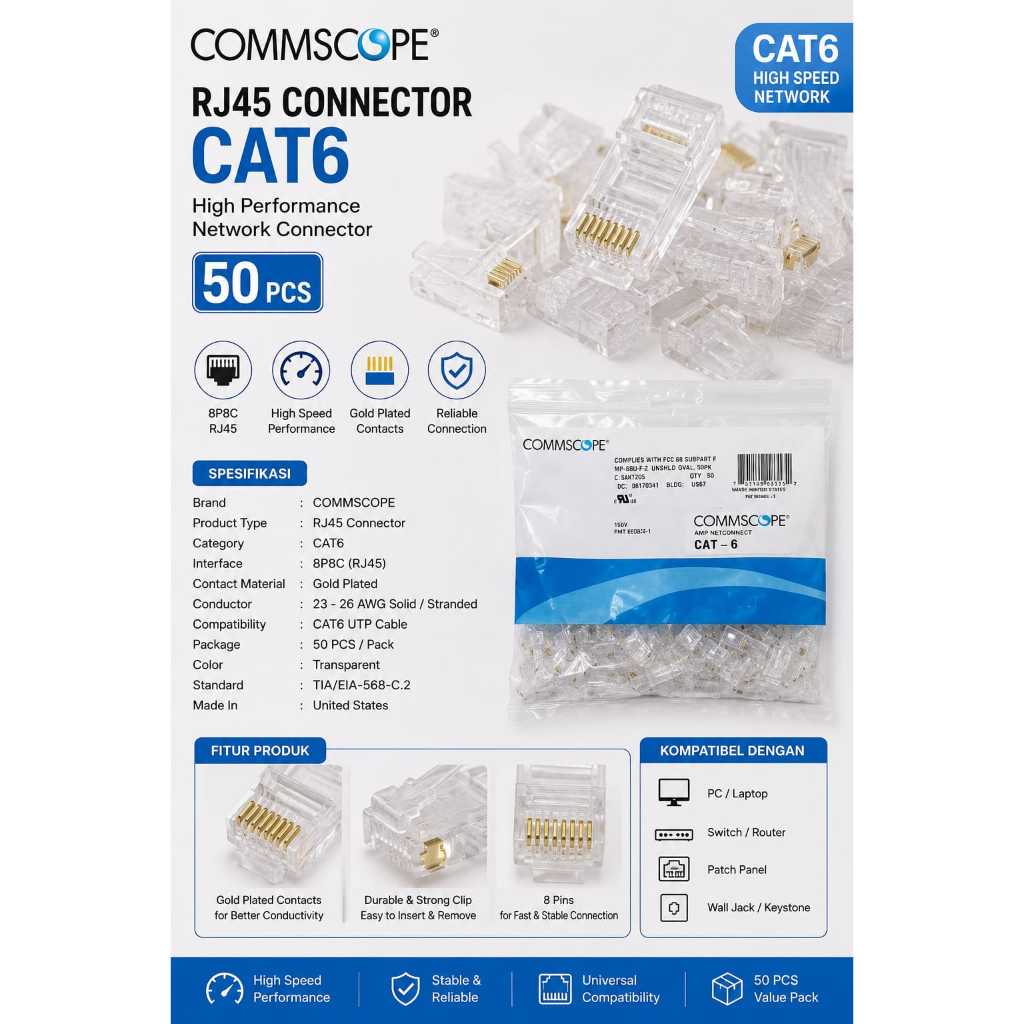Jual konektor rj45 commscope amp connector rj45 commscope amp cat6 ...