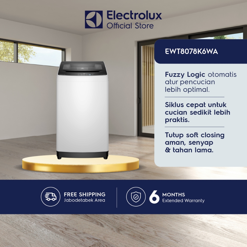 Electrolux Mesin Cuci Top Loading 8kg - Tub Clean - Mengurangi Kusutan - Cuci cepat 20 menit - Garansi  10 Tahun Motor - EWT8078K6WA