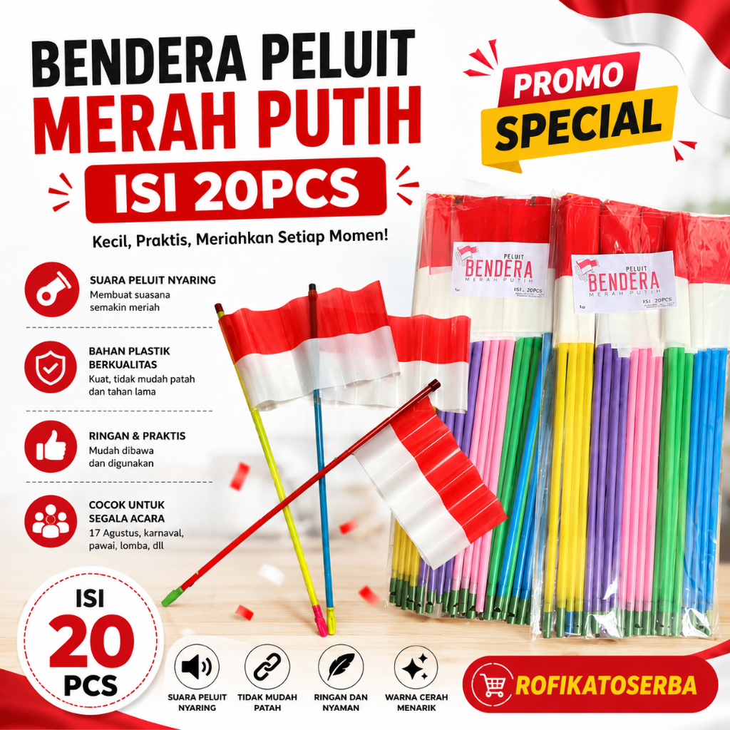 [20pcs] Bendera Peluit Merah Putih Isi 20pcs Tinggi 45 | Bendera 17 Agustus