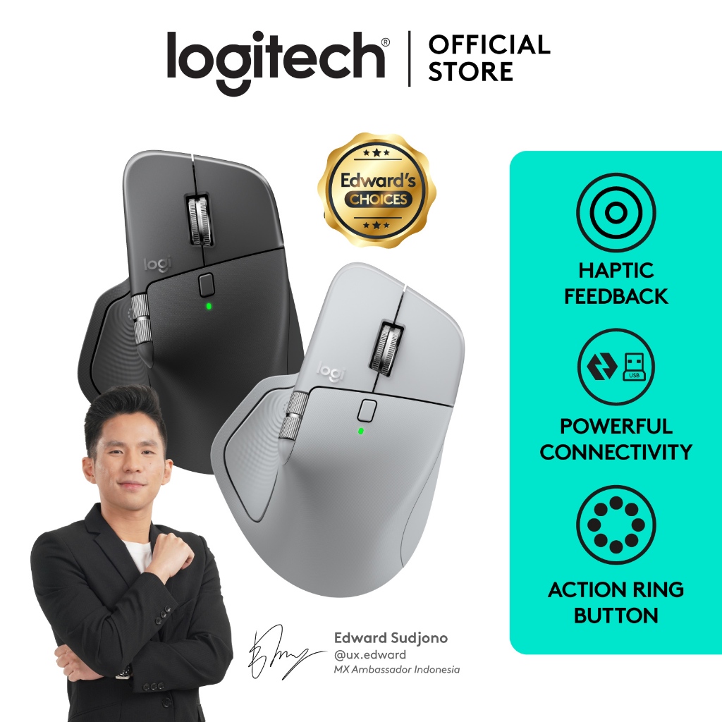 Logitech MX Master 4, Mouse Wireless Ergonomis dengan Feedback Haptik Berkinerja Tinggi, Scrolling Ultra Cepat, Pengisian Daya USB-C, Bluetooth, Windo