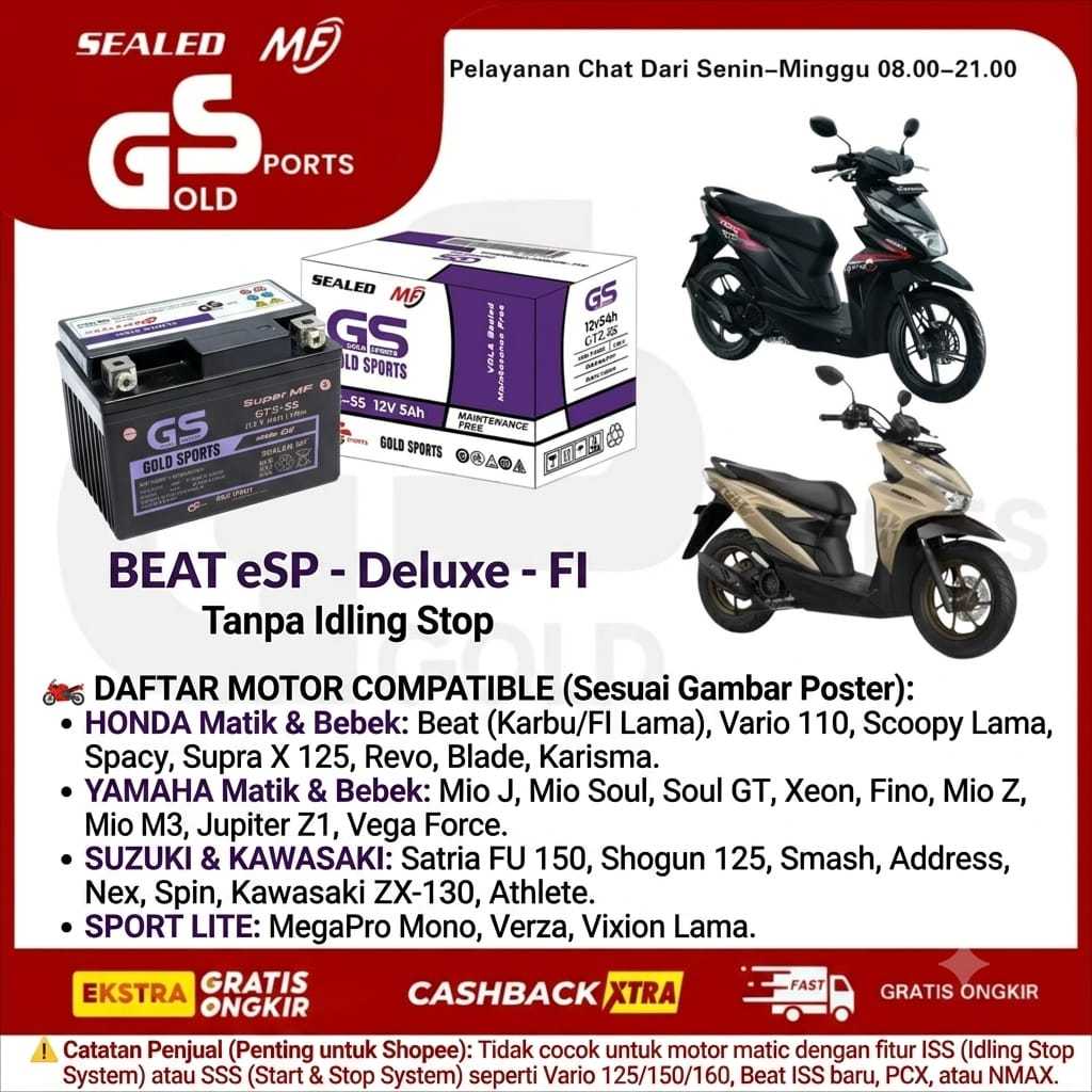 GOLD SPORTS Aki Motor Full Kering GTZ5S Beat Mio J Z M3 SPIN VIXION BLADE KARISMA SCOOPY SPACY FINO