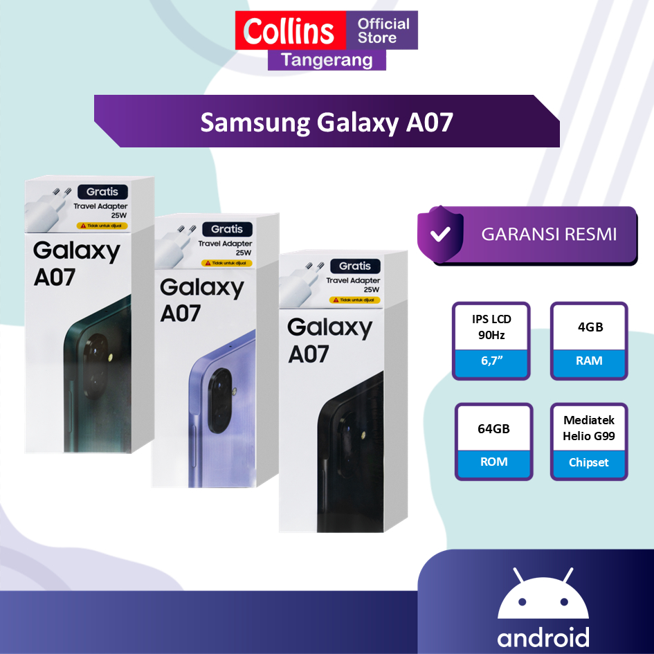 Samsung Galaxy A07 4G 8GB 256GB 6/128GB 4GB 64GB MediaTek Helio G99 5000mAh Battery Garansi Resmi